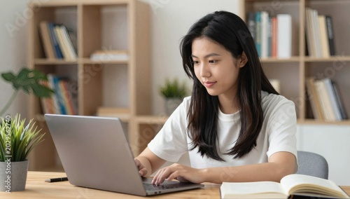 Young asian woman focused on working or studying on her laptop in a bright home office