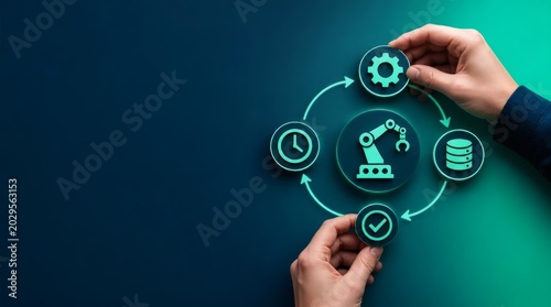 Automation, industry 4.0 and manufacturing for smart factory, robotic arm and production line efficiency. Hands, workflow and technology management with business process, system engineering and data