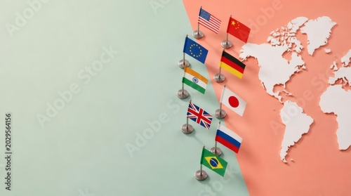 International, flags and world map for global trade, diplomacy, business economy. National symbols, travel and politics on desk for cooperation, export and import with logistics and partnership.
