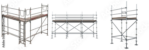 Quadro su tela Three different views of metal scaffolding with wooden planks, isolated on trans