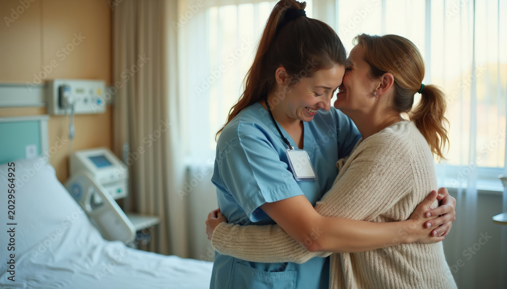 Obraz premium Nurse hugs patient in hospital room. Two women share emotional connection and comfort. Caring staff member offers support, empathy, and tenderness. Hope and resilience fill the scene.