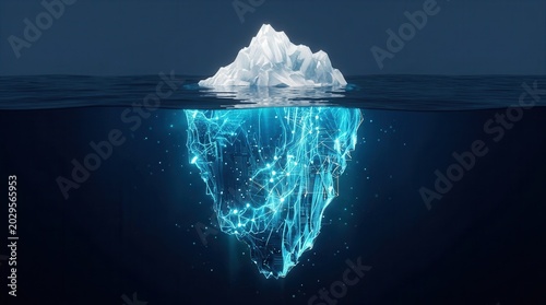 Concept for data storage and security solution featuring a digital iceberg in a dark ocean.
