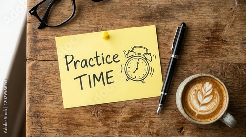 Daily practice routine reminder with a handwritten Practice Time note on a wooden desk.