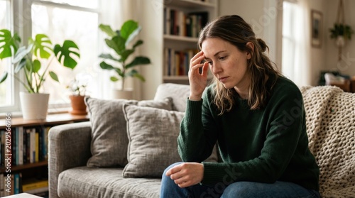 Sad and stressed young woman sitting on a cozy living room sofa holding her head, suffering from a migraine or anxiety in soft natural window light, ideal for mental health campaigns.