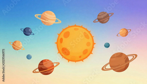 Minimalist cartoon planets orbiting the sun on a colorful gradient background