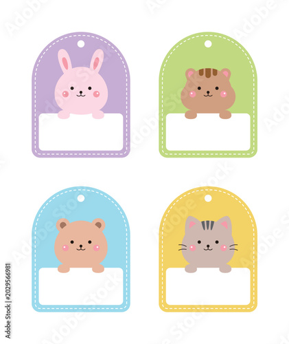 Set of 4 cute animal name tags and gift label templates featuring a rabbit, squirrel, bear, and cat. Suitable for children's school name tags and stationery decorations.