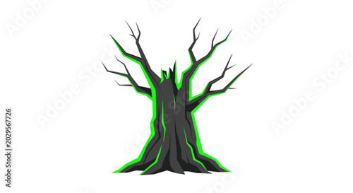 Tableau sur toile Spooky Bare Tree with Glowing Green Outline, Dark Trunk, Isolated