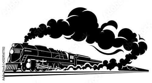 Fotografie Vintage Steam Locomotive Train Emitting Smoke, Black Silhouette on White Backgro