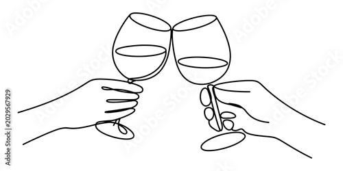 Fotografía Two hands holding wine glasses clinking together in a toast line art illustratio