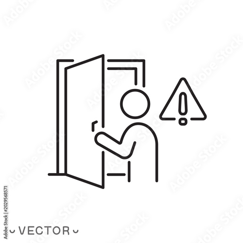 reminder close the door icon, opening door warning concept, beware of opening door, open door slowly, thin line symbol isolated on white background, editable stroke eps 10 vector illustration