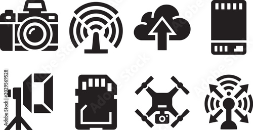 Bild auf Leinwand Digital Photography and Wireless Media Transfer Silhouette Icons Set for Profess