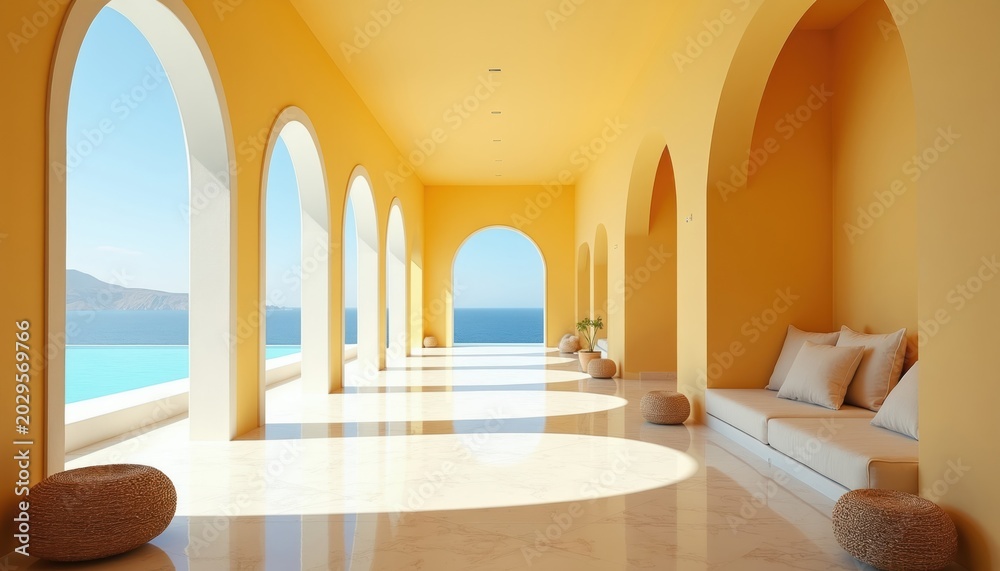 Fototapeta premium Modern sunny yellow arched hallway with sea view. Bright marble floor reflects light. Minimalist decor features seating, cushions, and plants. Elegant architecture offers a calm oasis.