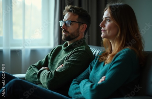 Couple sitting on sofa with arms crossed. Man wears glasses, woman looks away. They seem distant, possibly in relationship therapy session, facing away from camera.