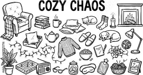 Valokuva Cozy Chaos Black and White Line Art of Home Comforts and Relaxation Objects