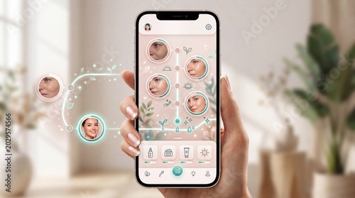 Anti aging tracking UI skincare app facial analysis beauty technology mobile interface skin health digital wellness woman hand modern design cosmetic routine healthy lifestyle happiness