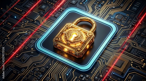 Golden lock on a circuit board with glowing blue outline and red laser beams