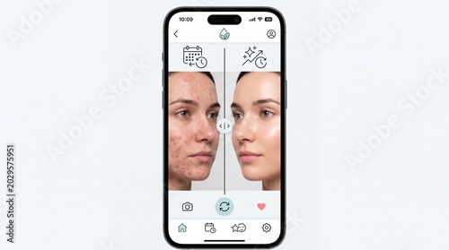 Before after skin care app interface, showing comparison of acne face and clear face, digital transformation, mobile phone, beauty improvement, healthy skin, user interface