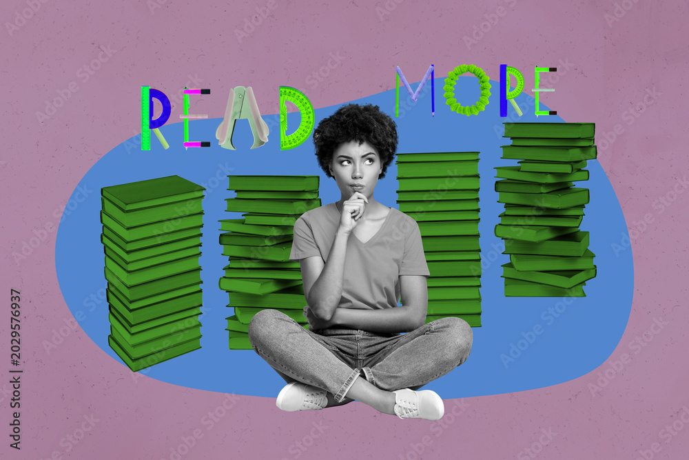 Obraz premium Pop art full zine photo collage of happy girl guy sit library academic book stack education learner pencil ruler read more letters