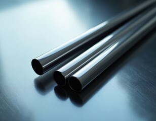 Three polished metal rods rest on a reflective surface. Their smooth cylinders gleam under studio light. This industrial material suggests precision engineering and construction.