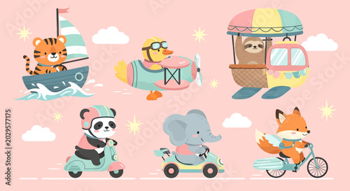 Set of Cute Cartoon Animals Traveling in Different Vehicles, Tiger in Boat, Duck in Plane, Panda on Scooter, Elephant in Car, Fox on Bicycle, Sloth in Balloon Vector Illustration