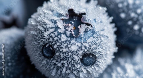 Frozen Blueberry Macro Shot with Ice Crystals and Water Droplets