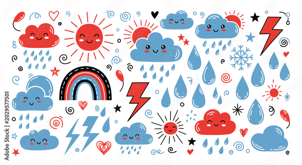 Fototapeta premium Cute Kawaii Weather Doodle Set with Smiling Sun Clouds Rainbow and Rain Icons Vector Illustration