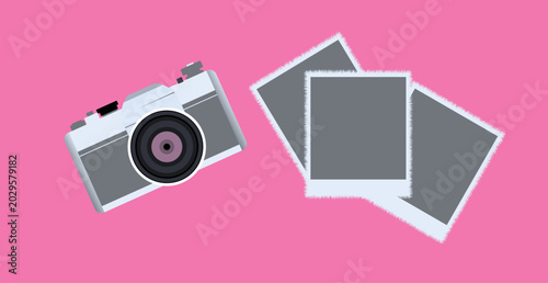 Gray camera and polaroid photos on pink background Vector
