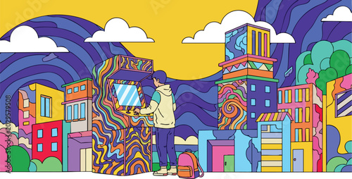 Retro Arcade Gaming Session in a Psychedelic Colorful Urban Landscape