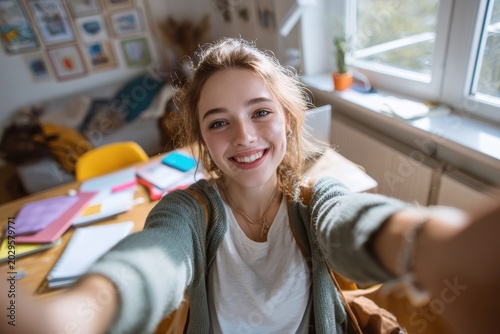 Cheerful teenage girl taking a selfie in a bright indoor study space