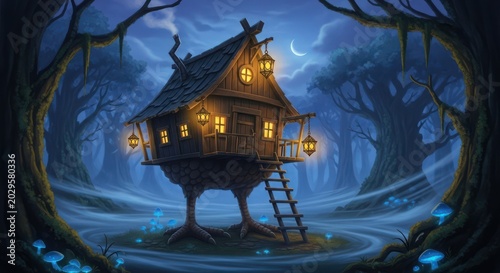 Enchanted Stilt House in a Mystical Forest at Night