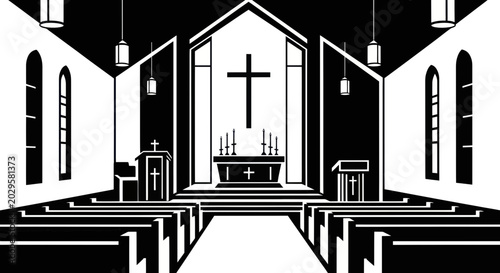 Fotografie Church Interior View, Altar, Pulpit, Pews, Cross, Worship Space, Black and White