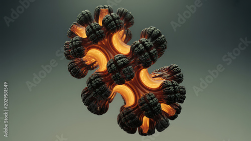 3D rendered fractal object with warm amber inner glow on neutral gray background. Complex organic mandelbulb structure with dark textured surface. Ideal for sci-fi and tech design. 