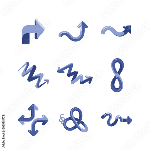 Tableau sur toile Collection of various blue cartoon arrows pointing in different directions and shapes