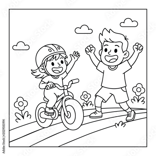 Canvastavla Bicycle success scene shows a happy young boy cheering for his little sister rid