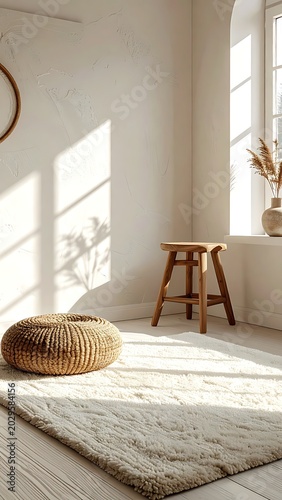 A serene room with natural light and simple furniture