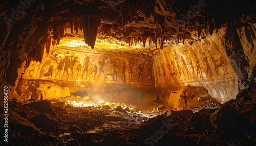 Illuminated Cave Interior with Stalactites and Stalagmites.