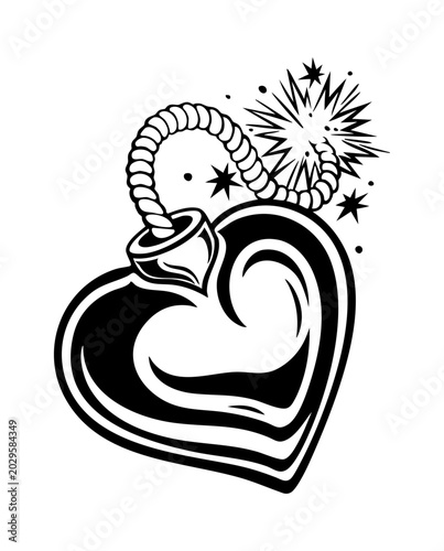 Black and white heart shaped bomb with lit fuse tattoo illustration