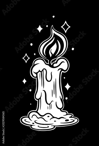 Black and white melting candle with flame and stars tattoo illustration