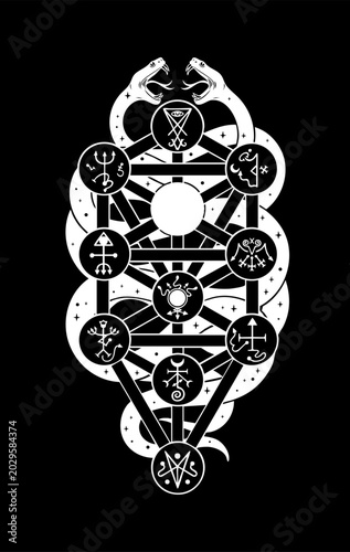 Black and white Qliphoth diagram with serpent and occult symbols