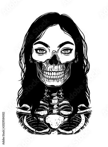 Black and white skull girl with eyes, hair, and ribcage tattoo illustration