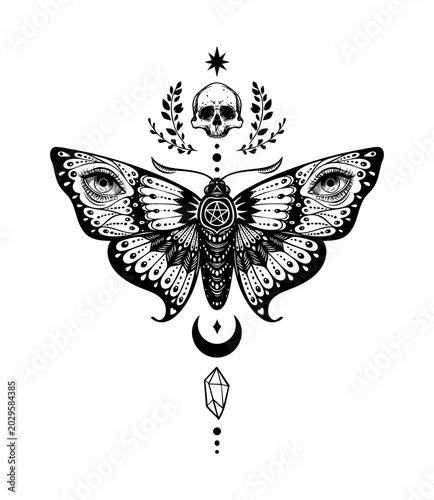 Black and white occult moth tattoo design with skull, eyes, moon, and crystal