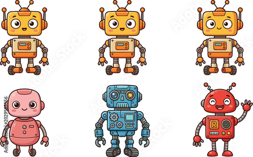Fotografie Cute Kawaii Robot Character Mascot Set Featuring Colorful Yellow Pink Blue and R