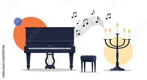 Elegant black upright piano with music notes floating above it next to a classic five candle candelabra in a room.
