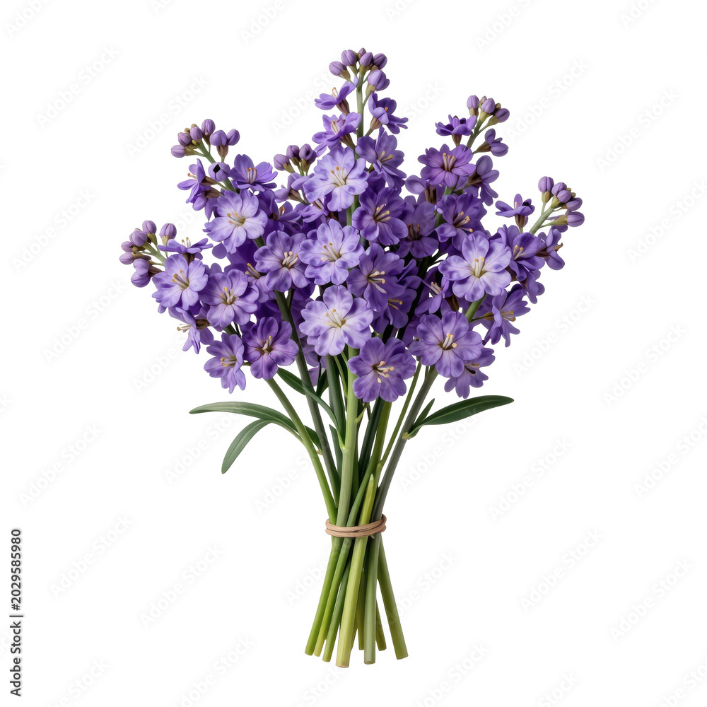 Obraz premium Lovely bouquet of purple stock flowers tied together with twine on white background