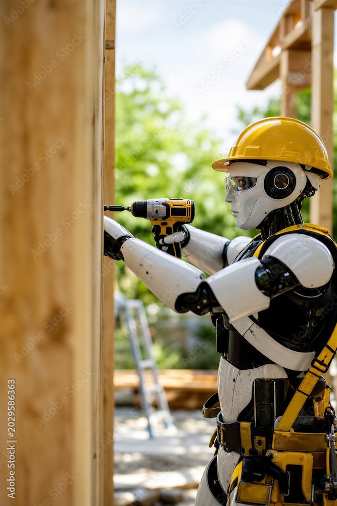 Fototapeta premium AI Robots Constructing a House on a Modern Building Site, Showcasing Future of Automated Construction Technology