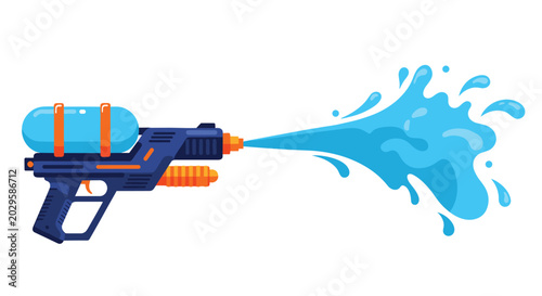 Modern blue and orange plastic water gun toy shoots a large splash of bright blue water in a horizontal stream for play.