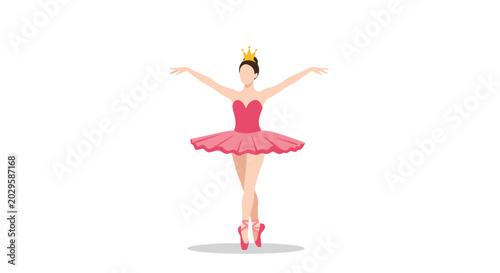 Graceful ballerina in a pink tutu and golden crown performs a classical dance move on a plain white background.