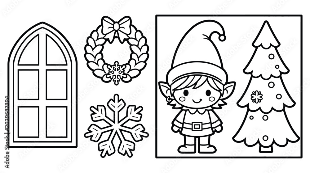 Fototapeta premium Full body christmas elf with pine tree and snowflake clipart