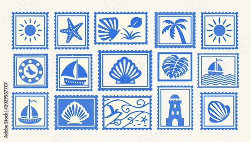 collection of blue and white beach themed icons arranged as postage stamps on a light background
