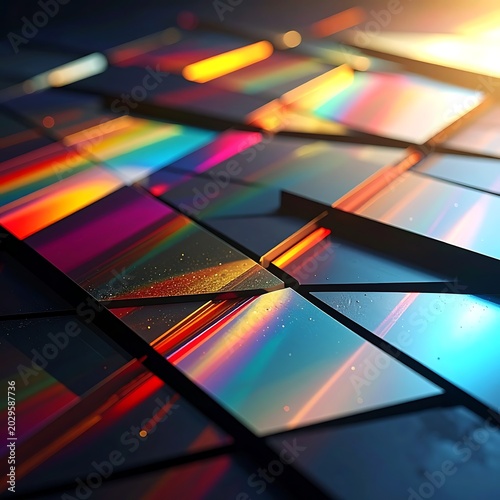 A vibrant mosaic of rectangular tiles reflecting light